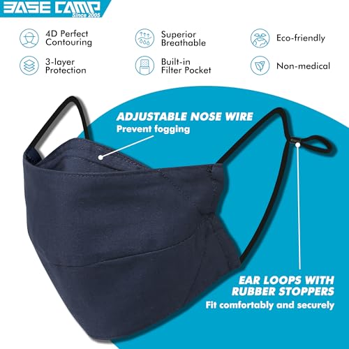 BASE CAMP Reusable Cloth Dust Face Masks 100% Cotton Washable Adjustable Breathable Fabric Mask with Filter Pocket (Black+Blue) - Image 2