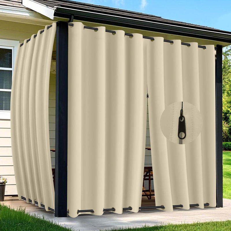 Arfntevss Outdoor Curtains for Patio Waterproof 2 Panels Blackout Curtains 96 inch Long with Zipper Top & Bottom Grommet Sun Blocking Outdoor Privacy Drape for Gazebo Porch Pergola (54x96, Beige) - Image 1
