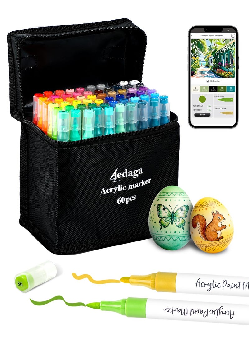YHC 60 Colors Acrylic Paint Markers with Free App, Dual Brush & Fine Tip Acrylic Paint Set for Adults Coloring, Paint Pens for Eggs, Wood, Rock, Canvas, Fabric, Plastic, Stone, Glass, Ceramic,DIY Crafts - Image 1