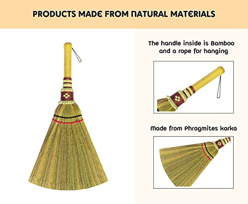 AW BROOMS Handmade,Natural Grass Asian, Whisk Broom Thai, Handle Bamboo, Soft Brush Mini with Solid Wood Handle Retro Nature No Static Electricity Sweeping 13in - Image 4