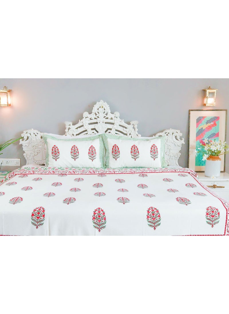 OJARIYA King Size Pink and Green Premium Organic 100 Percent Cotton Hand Block Printed Flat Sheet (with 250 TC) And Pillow Covers  - Image 3