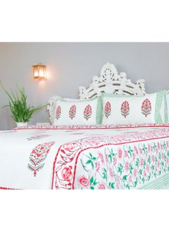 OJARIYA King Size Pink and Green Premium Organic 100 Percent Cotton Hand Block Printed Flat Sheet (with 250 TC) And Pillow Covers  - Image 5