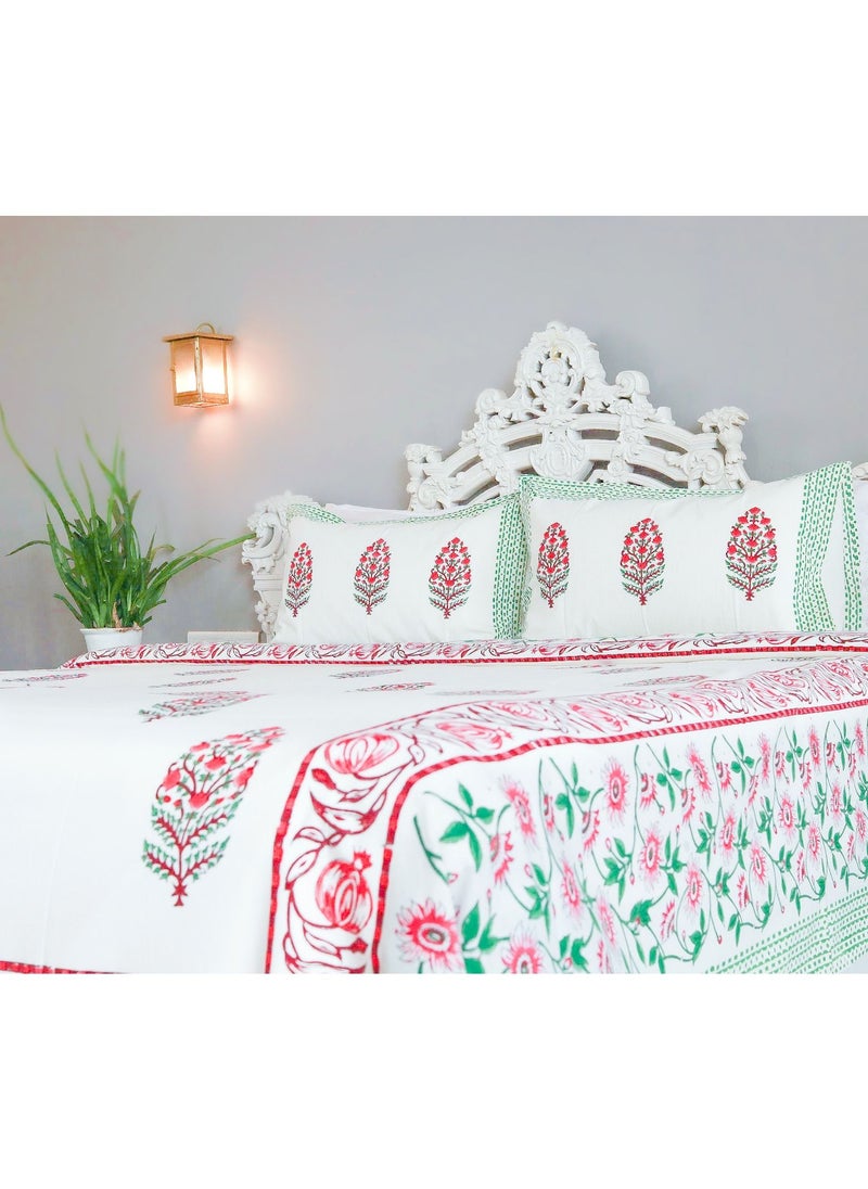 OJARIYA King Size Pink and Green Premium Organic 100 Percent Cotton Hand Block Printed Flat Sheet (with 250 TC) And Pillow Covers  - Image 5