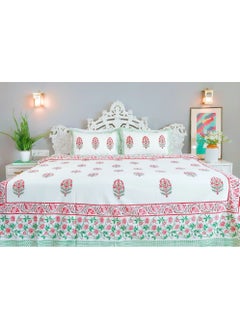 OJARIYA King Size Pink and Green Premium Organic 100 Percent Cotton Hand Block Printed Flat Sheet (with 250 TC) And Pillow Covers  - Image 2