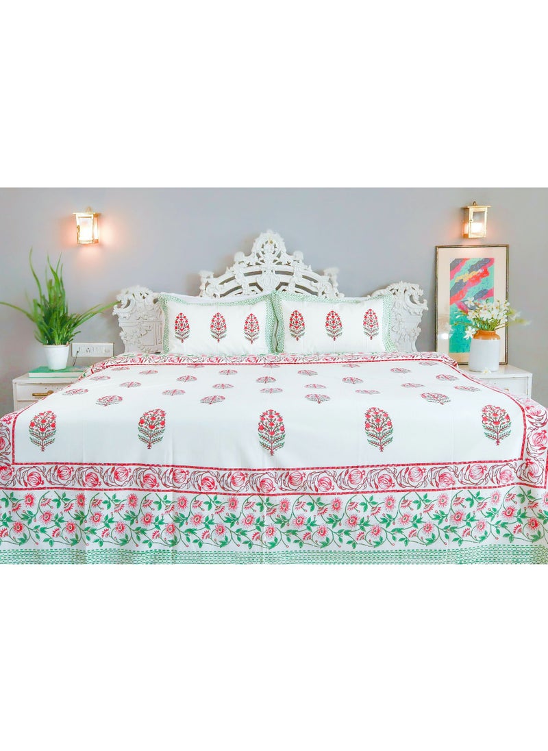 OJARIYA King Size Pink and Green Premium Organic 100 Percent Cotton Hand Block Printed Flat Sheet (with 250 TC) And Pillow Covers  - Image 2