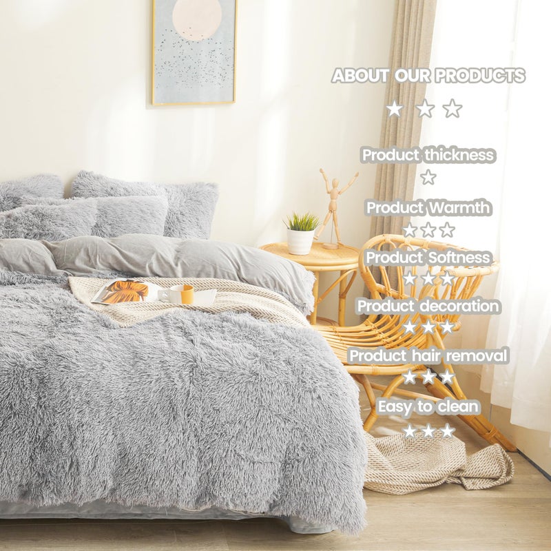 FOPPA Plush Comforter Cover Set Queen - Ultra Soft Fuzzy Gray Bedding 3 Pieces (Faux Fur Duvet Cover + 2 Shaggy Pillow Cases) Fluffy Bed Set - Image 5