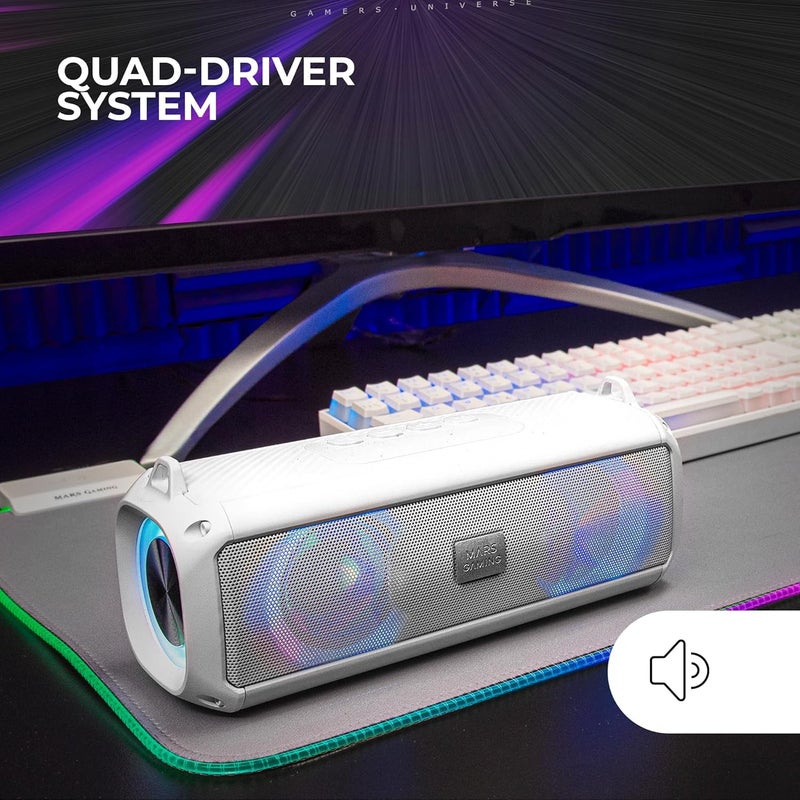مارس_جيمنج مارس جيمنج MSB-XT، مكبر صوت محمول + شريط صوت 2 في 1، إضاءة RGB ديناميكية، نظام صوت 4 محولات 20 واط، مكبر صوت بلوتوث 5.3 + AUX/بطاقة MicroSD/USB/راديو FM، أبيض - Image 2