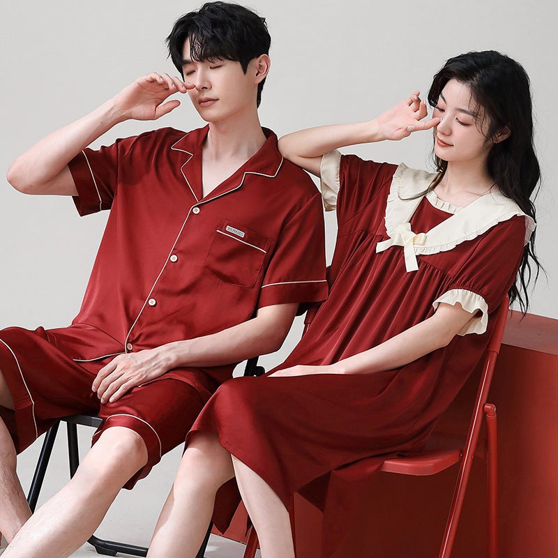 Red Silk Couple Pajama Set SummerCKE-female pullover FY2504 male FY2501 CKE-female pullover FY2504 male FY2501 