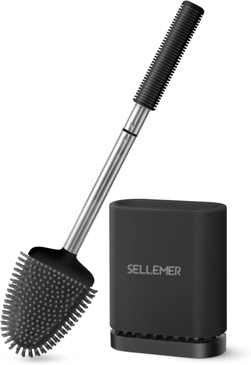 Sellemer مجموعة فرشاة وحامل المرحاض من Sellemer للحمام، رأس فرشاة مرحاض مرن بشعيرات سيليكون ومقبض من الفولاذ المقاوم للصدأ، حجم مضغوط للتخزين، قاعدة ذات فتحات تهوية (أسود) - Image 1