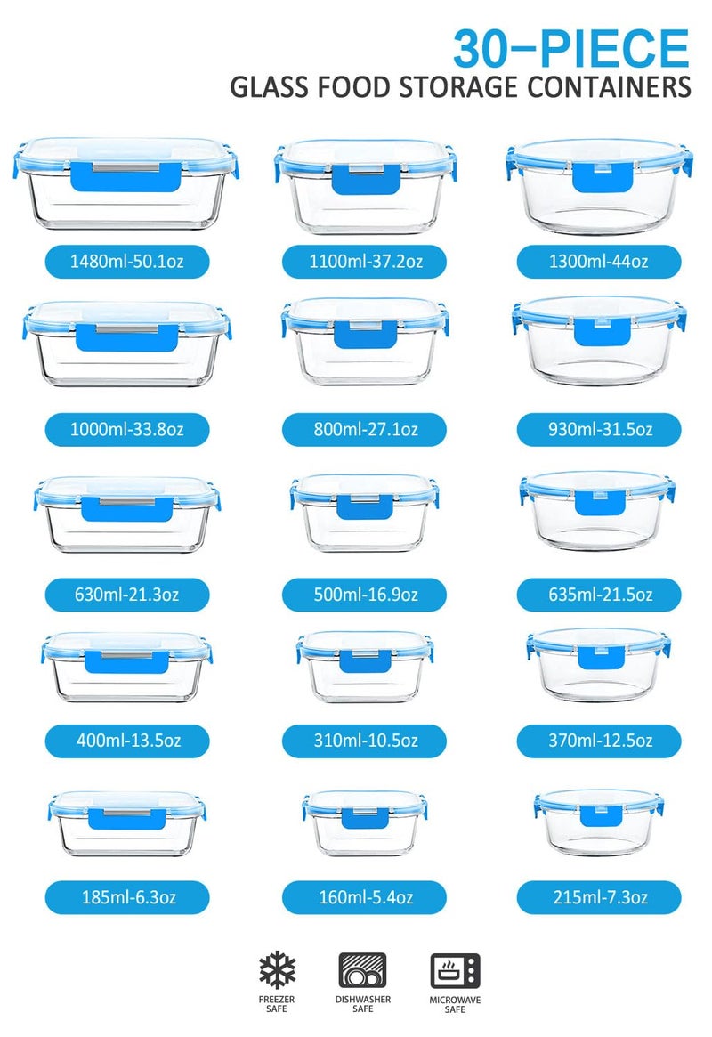 M MCIRCO 30 Pieces Glass Food Storage Containers with Upgraded Snap Locking Lids,Glass Meal Prep Containers Set - Airtight Lunch Containers, Microwave, Oven, Freezer and Dishwasher Friendly, Blue - Image 2