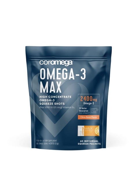 Max High Concentrate Omega 3 Fish Oil 2400Mg Omega3S With 3X Better Absorption Than Softgels 60 Single Serve Packets Citrus Burst Flavor; Anti Inflammatory Supplement With Vitamin D