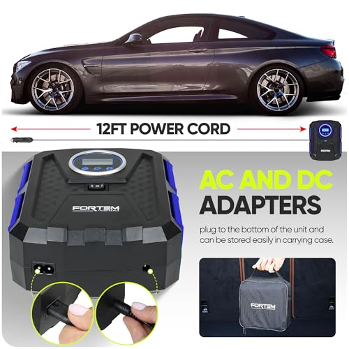 FORTEM Tire Inflator 150 PSI, Bike Pump, 112V AC 12V DC Air Pump for Car Tires, Digital Tire Pressure Gauge w/Auto Pump/Shut Off, Carrying Case (Blue) - Image 3