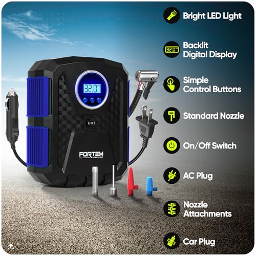 FORTEM Tire Inflator 150 PSI, Bike Pump, 112V AC 12V DC Air Pump for Car Tires, Digital Tire Pressure Gauge w/Auto Pump/Shut Off, Carrying Case (Blue) - Image 2