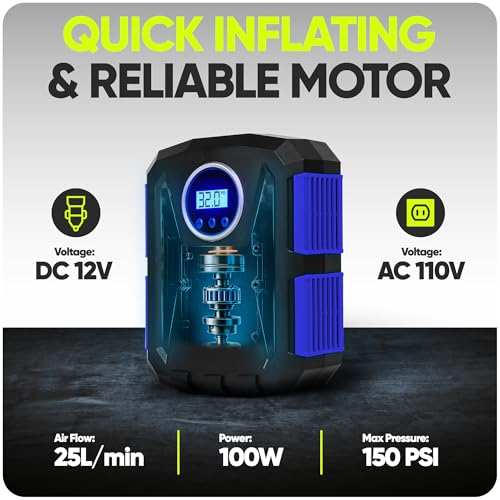 FORTEM Tire Inflator 150 PSI, Bike Pump, 112V AC 12V DC Air Pump for Car Tires, Digital Tire Pressure Gauge w/Auto Pump/Shut Off, Carrying Case (Blue) - Image 5