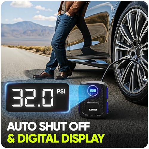 FORTEM Tire Inflator 150 PSI, Bike Pump, 112V AC 12V DC Air Pump for Car Tires, Digital Tire Pressure Gauge w/Auto Pump/Shut Off, Carrying Case (Blue) - Image 4