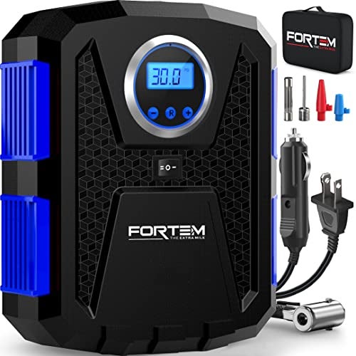 FORTEM Tire Inflator 150 PSI, Bike Pump, 112V AC 12V DC Air Pump for Car Tires, Digital Tire Pressure Gauge w/Auto Pump/Shut Off, Carrying Case (Blue) - Image 1