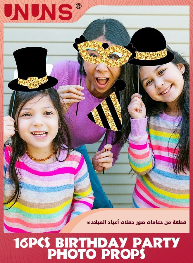 UNUNS Birthday Photo Booth Props,16 Pcs Black And Gold Photo Booth Props Party Favor-Hats Moustache Glasses Crowns,Funny Photo Props For Kids Adult,Selfie Props Weddings Graduation Party Supplies - Image 5