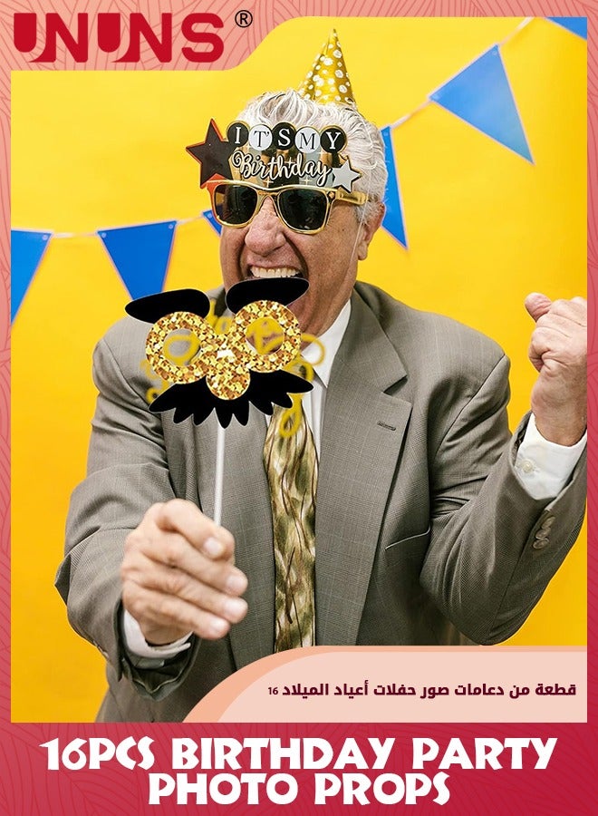 UNUNS Birthday Photo Booth Props,16 Pcs Black And Gold Photo Booth Props Party Favor-Hats Moustache Glasses Crowns,Funny Photo Props For Kids Adult,Selfie Props Weddings Graduation Party Supplies - Image 4