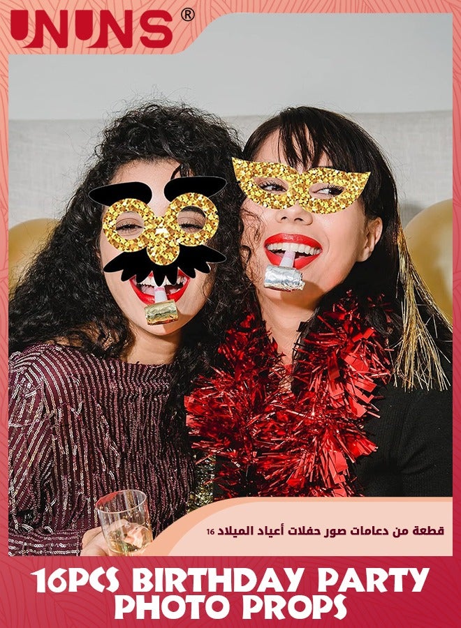 UNUNS Birthday Photo Booth Props,16 Pcs Black And Gold Photo Booth Props Party Favor-Hats Moustache Glasses Crowns,Funny Photo Props For Kids Adult,Selfie Props Weddings Graduation Party Supplies - Image 3