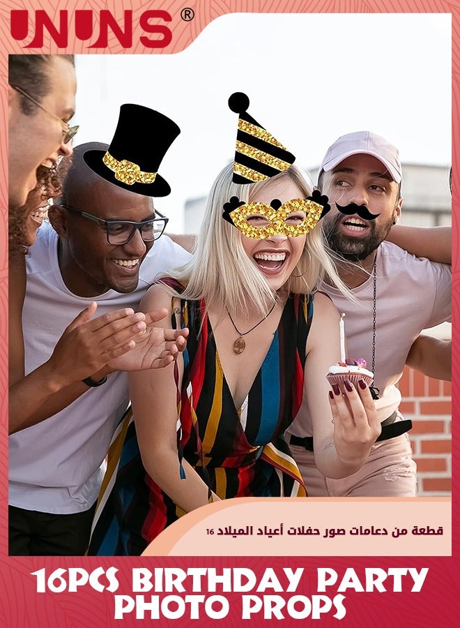UNUNS Birthday Photo Booth Props,16 Pcs Black And Gold Photo Booth Props Party Favor-Hats Moustache Glasses Crowns,Funny Photo Props For Kids Adult,Selfie Props Weddings Graduation Party Supplies - Image 2