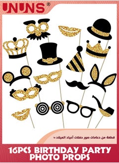 UNUNS Birthday Photo Booth Props,16 Pcs Black And Gold Photo Booth Props Party Favor-Hats Moustache Glasses Crowns,Funny Photo Props For Kids Adult,Selfie Props Weddings Graduation Party Supplies  - Image 1