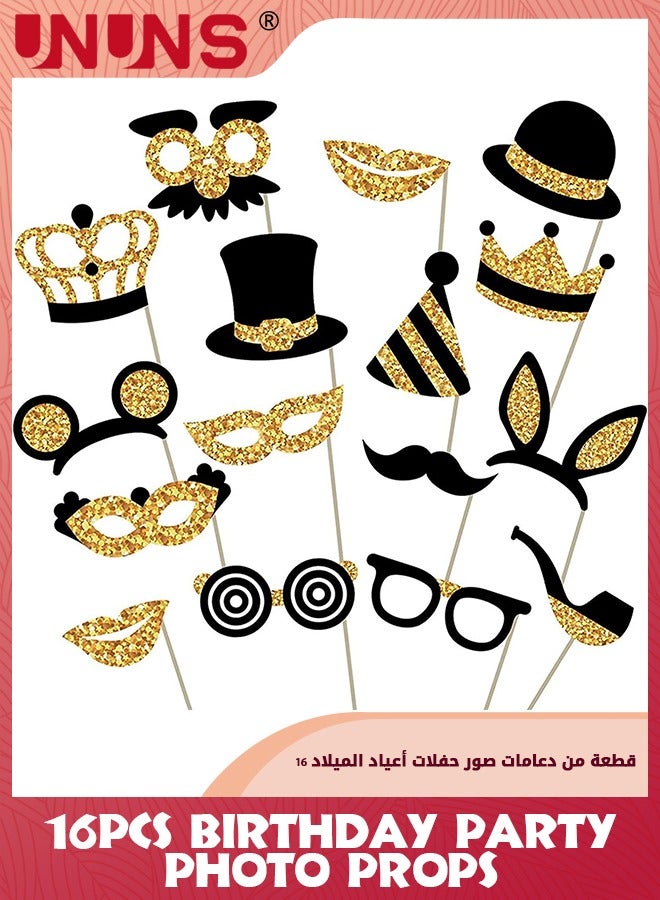 UNUNS Birthday Photo Booth Props,16 Pcs Black And Gold Photo Booth Props Party Favor-Hats Moustache Glasses Crowns,Funny Photo Props For Kids Adult,Selfie Props Weddings Graduation Party Supplies - Image 1