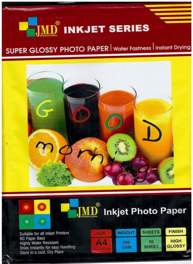 DEEGROVE JMD Super Glossy Photo Inkjet Paper A4 Size - White, Vibrant, Crisp, Smudge Proof, Dry Fast : 180 GSM 50 Sheets - Image 1
