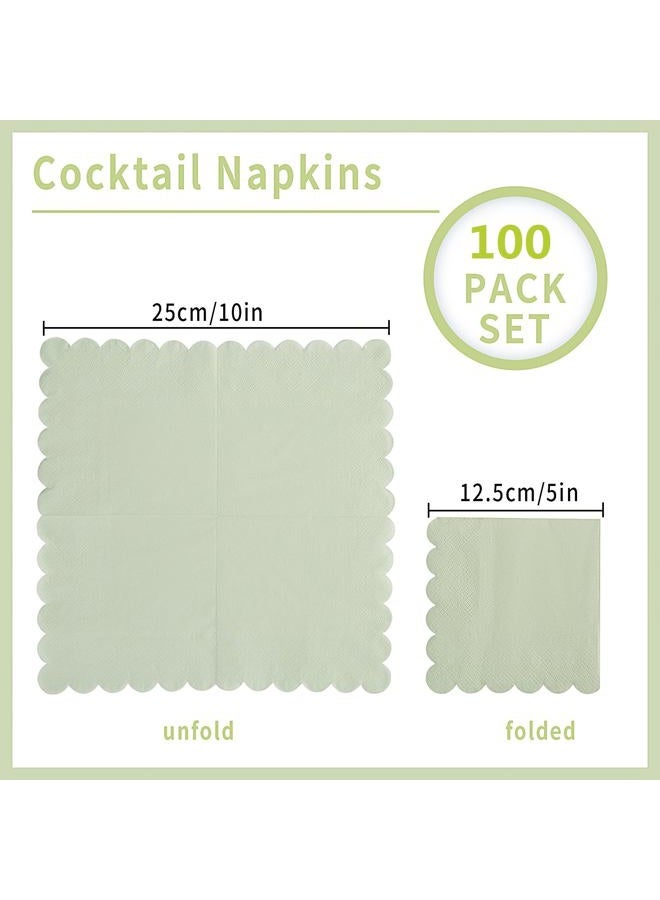 BEFORYOU 100 Pack Cocktail Napkin 2-Ply Scalloped Edged Dessert Napkins Sage Green Folded 5 x 5 Inches Disposable Napkins for Dinner Wedding Birthday Party Bridal Anniversary Reception Event (Sage Green 100) - Image 2