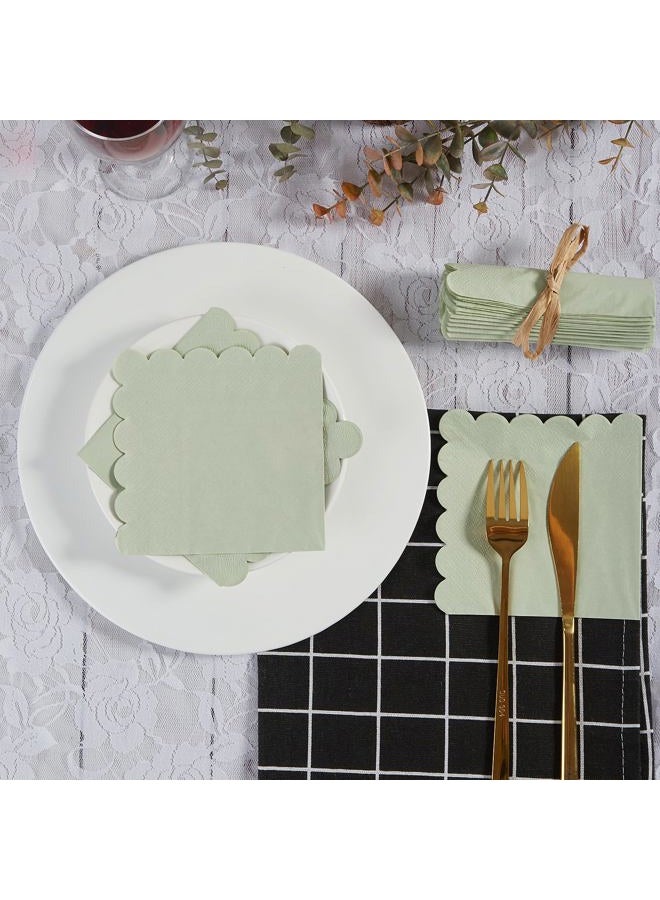 BEFORYOU 100 Pack Cocktail Napkin 2-Ply Scalloped Edged Dessert Napkins Sage Green Folded 5 x 5 Inches Disposable Napkins for Dinner Wedding Birthday Party Bridal Anniversary Reception Event (Sage Green 100) - Image 5