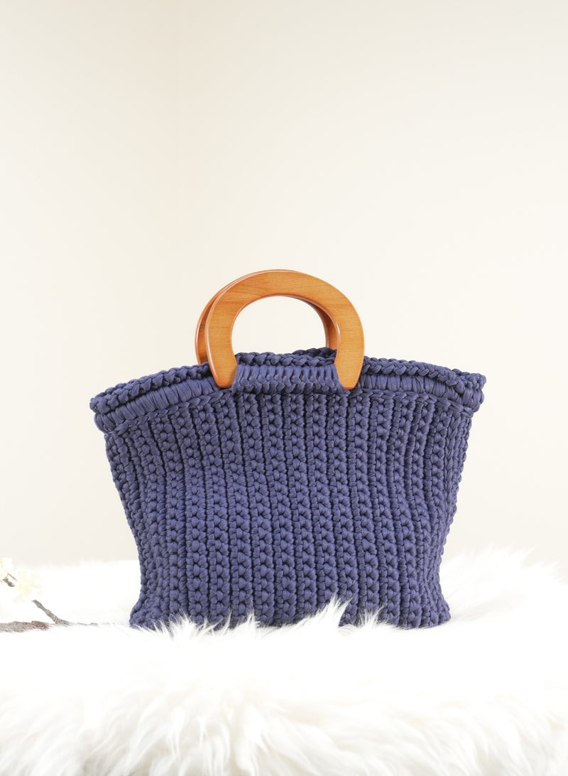 RandSac Dark Blue Crochet Handbag with Wooden Handle - Image 1