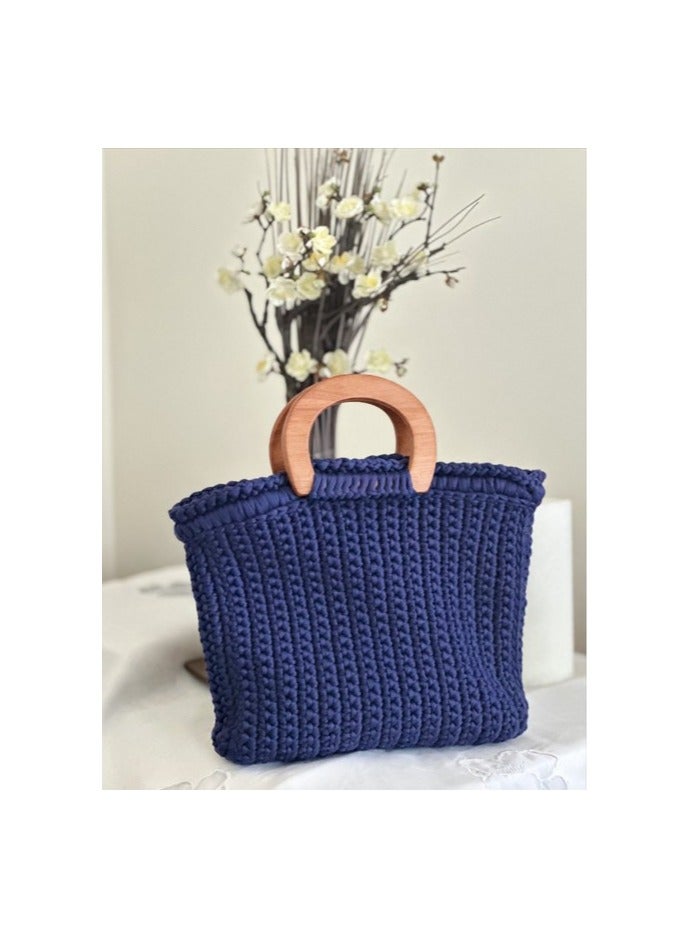 RandSac Dark Blue Crochet Handbag with Wooden Handle - Image 2