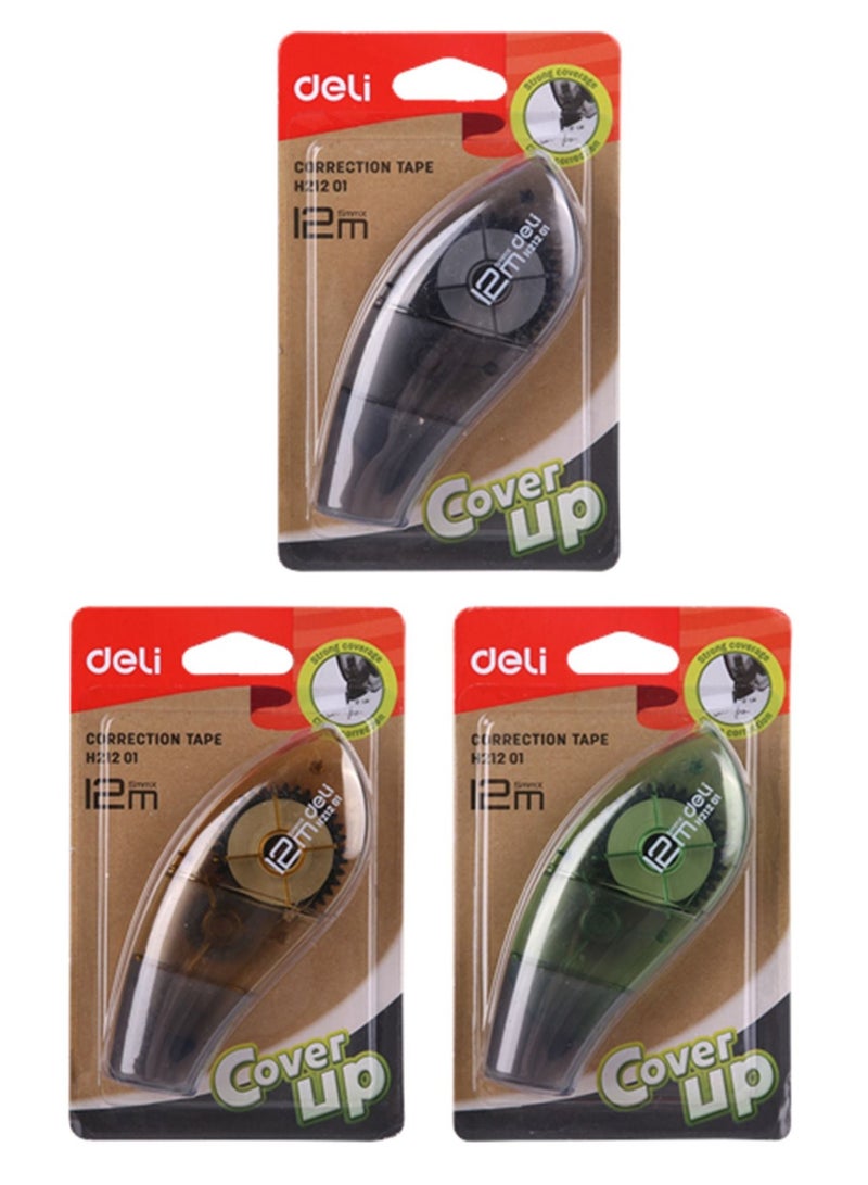 Deli 3-Piece Correction Tape 12meter length Assorted Colours - Image 1