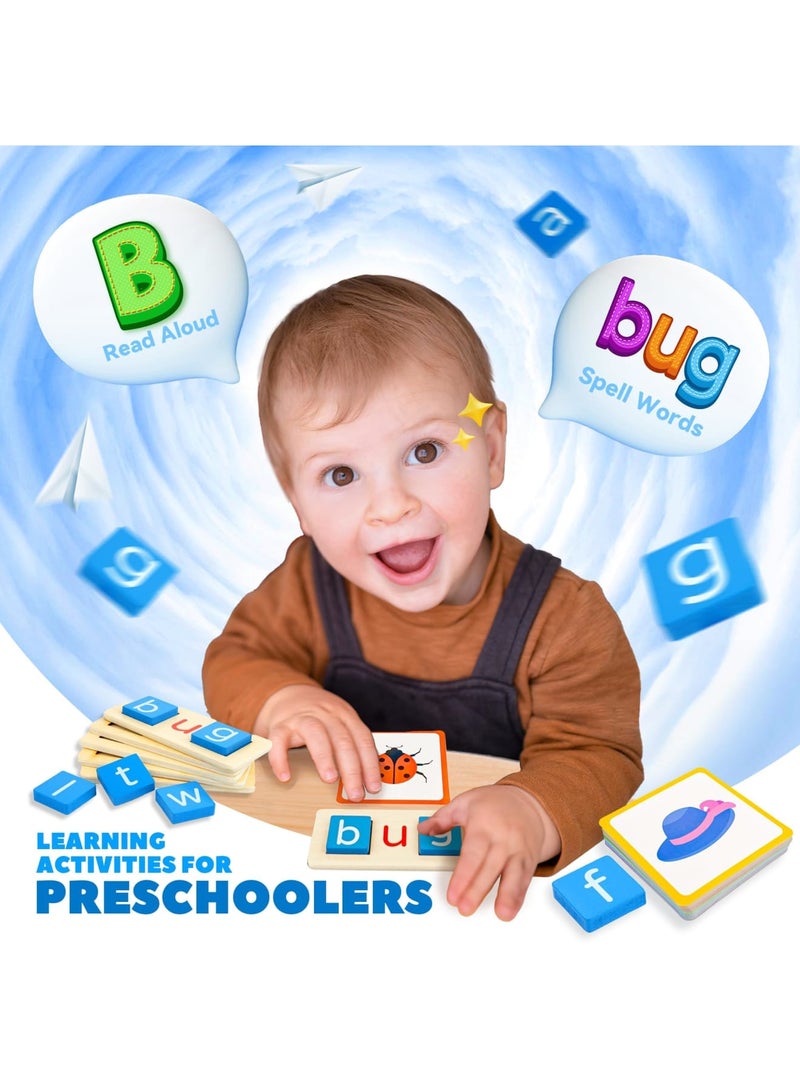 SYOSI بطاقات فلاش لكلمات الرؤية لرياض الأطفال، ألعاب الحروف الأبجدية مونتيسوري، كتل قراءة خشبية لرياض الأطفال، بطاقات فلاش فونكس، ألعاب تهجئة كلمات CVC - ألعاب حسية للأطفال من عمر 3 4 5 6 7 8 سنوات - Image 5