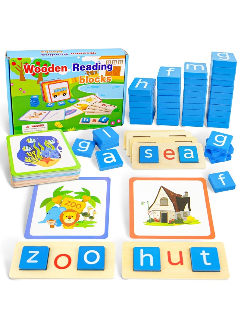 SYOSI بطاقات فلاش لكلمات الرؤية لرياض الأطفال، ألعاب الحروف الأبجدية مونتيسوري، كتل قراءة خشبية لرياض الأطفال، بطاقات فلاش فونكس، ألعاب تهجئة كلمات CVC - ألعاب حسية للأطفال من عمر 3 4 5 6 7 8 سنوات - Image 1