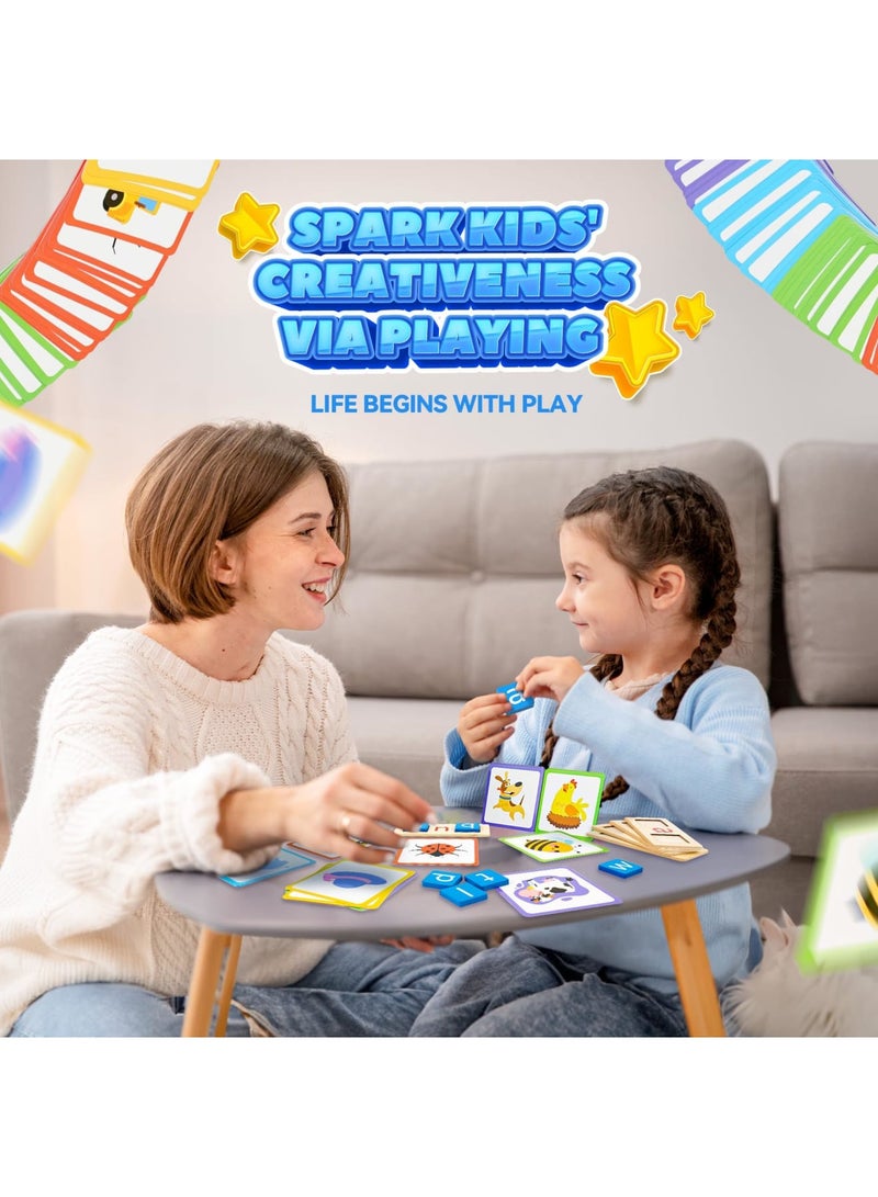 SYOSI بطاقات فلاش لكلمات الرؤية لرياض الأطفال، ألعاب الحروف الأبجدية مونتيسوري، كتل قراءة خشبية لرياض الأطفال، بطاقات فلاش فونكس، ألعاب تهجئة كلمات CVC - ألعاب حسية للأطفال من عمر 3 4 5 6 7 8 سنوات - Image 4