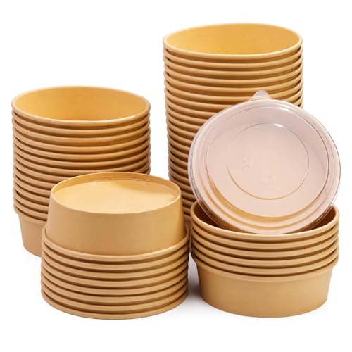 Huaiid 50 Pack 17 Oz Kraft Paper Bowls with Lids, Disposable Bowls for Hot Soup, Paper Bowls with Lids, Food Container for Salad Hot Cold Food Party Dessert - Image 1