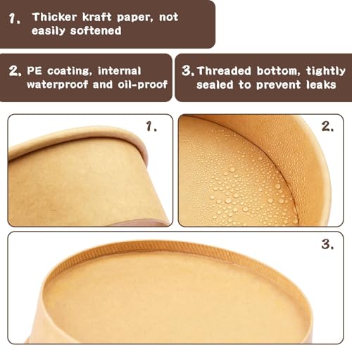 Huaiid 50 Pack 17 Oz Kraft Paper Bowls with Lids, Disposable Bowls for Hot Soup, Paper Bowls with Lids, Food Container for Salad Hot Cold Food Party Dessert - Image 5
