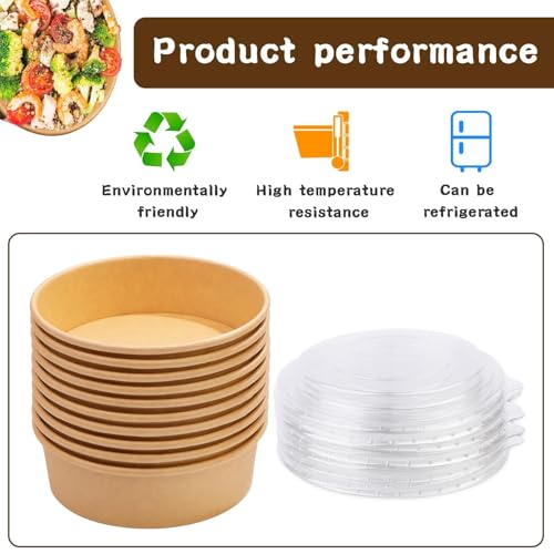 Huaiid 50 Pack 17 Oz Kraft Paper Bowls with Lids, Disposable Bowls for Hot Soup, Paper Bowls with Lids, Food Container for Salad Hot Cold Food Party Dessert - Image 3
