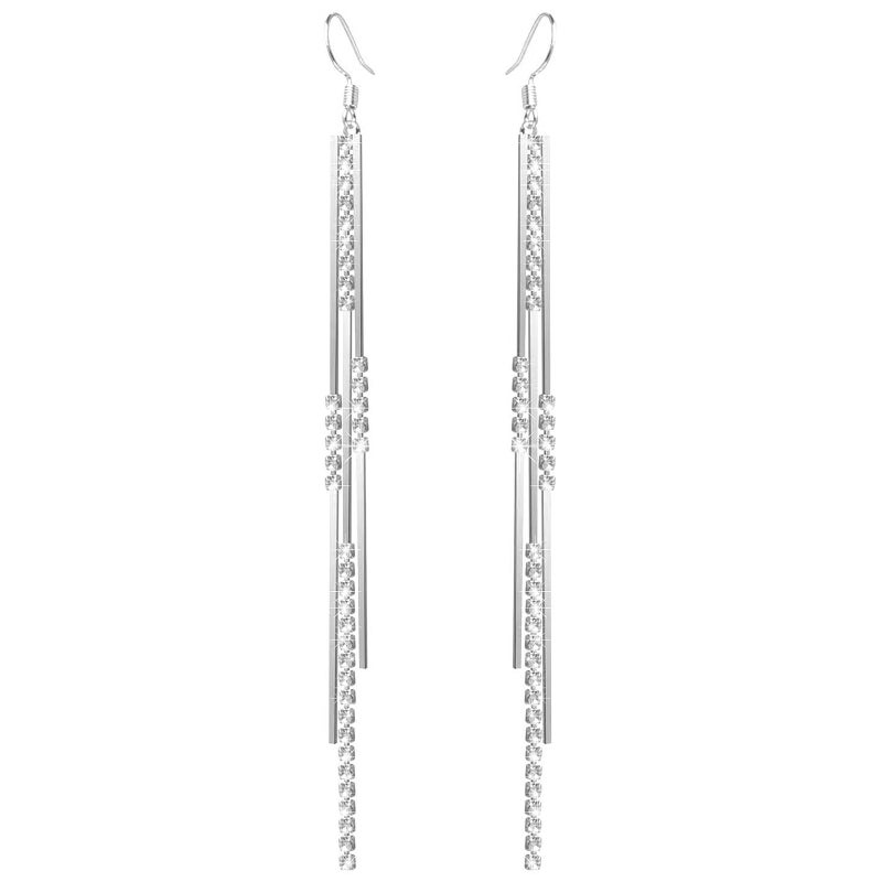 WATACHE Christmas Birthday Gifts Sterling Silver Fish Hook Long Tassel Chain Bling Crystal Cubic Zirconia Hypoallergeni & Nickel Free Dangle Drop Earrings for Women, Silver - Image 1