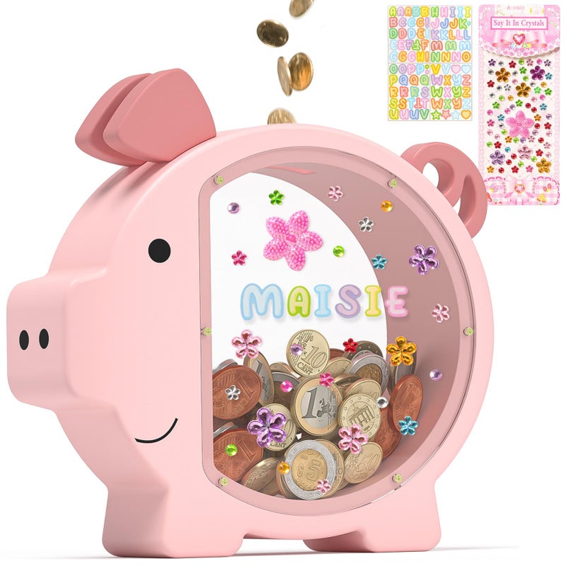 Summidate Pink Piggy Bank Girls Unbreakable Wooden Piggy Bank for Kids Cute Personalized Wood Money Bank with DIY Sticker Creative Saving Money Box Birthday DecorPatent Pending
