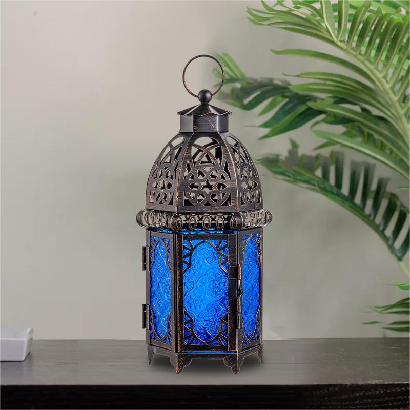 NEEDOMO Hanging Moroccan Lantern, 12.8'' Vintage Candle Holder, Metal Lanterns Decorative Indoor Outdoor, Table, Patio, Porch, Shelf, Gothic Home Decor (Blue, Large Size) - Image 2