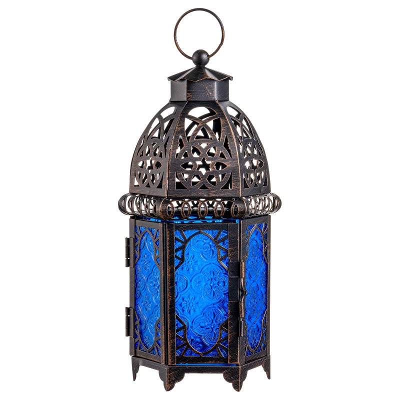 NEEDOMO Hanging Moroccan Lantern, 12.8'' Vintage Candle Holder, Metal Lanterns Decorative Indoor Outdoor, Table, Patio, Porch, Shelf, Gothic Home Decor (Blue, Large Size) - Image 1