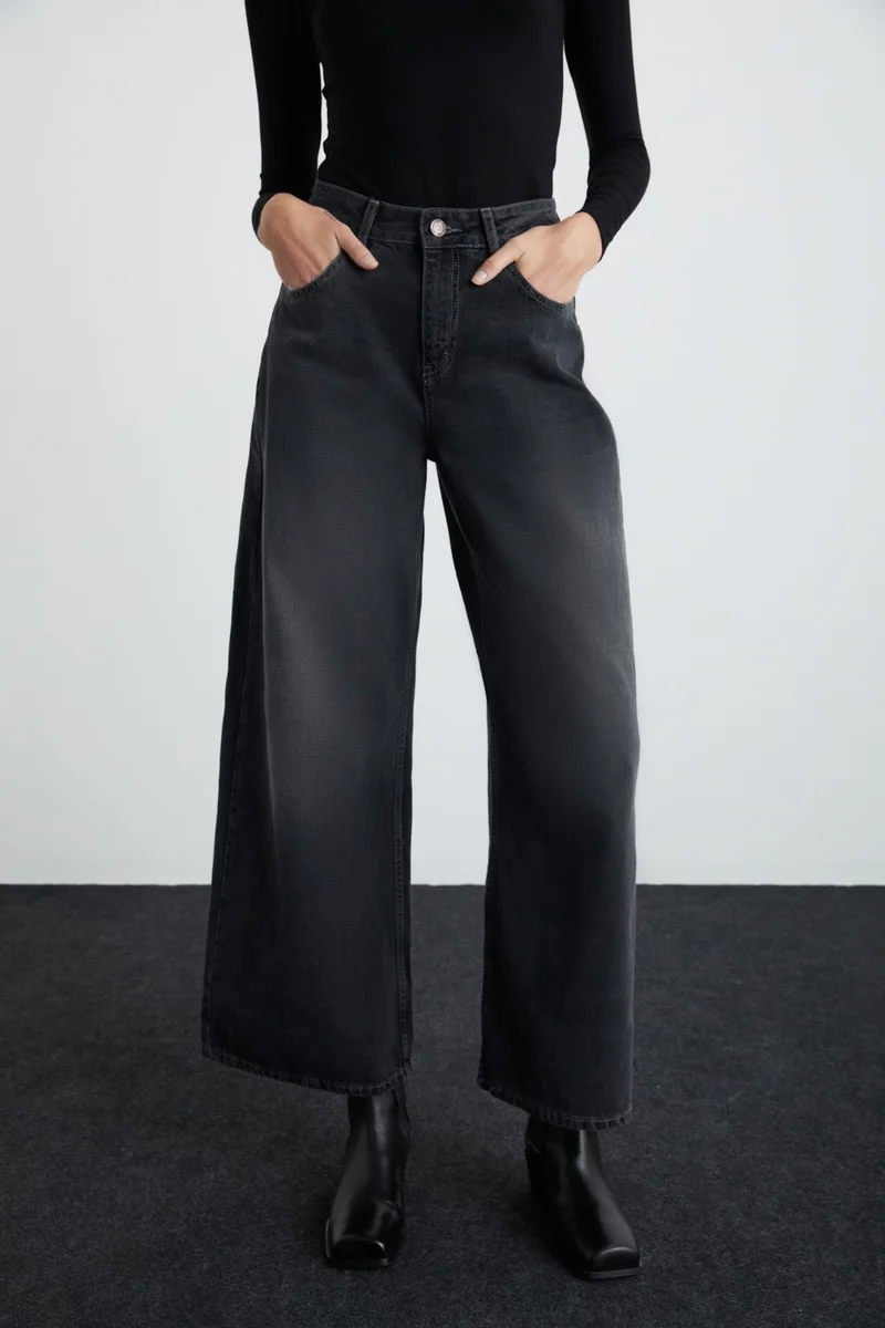 GRIMELANGE Celetna Women's 100% Organic Cotton Extra Wide Leg Black Jeans