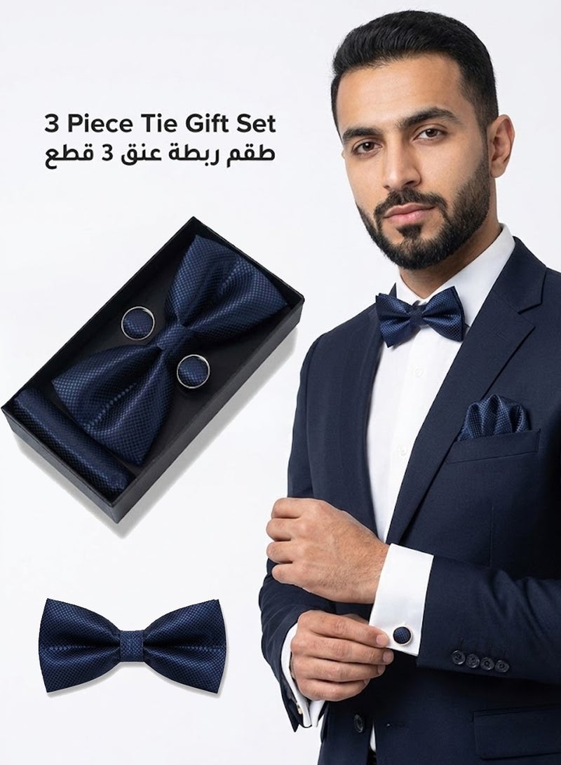 FIORICASA Men’s 3-Piece Navy Blue Bow Tie Set – Diamond Texture Bow Tie, Pocket Square & Cufflinks - Image 1