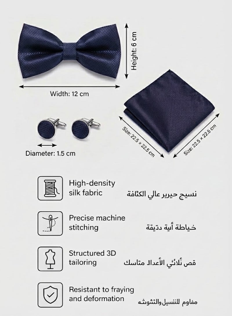 FIORICASA Men’s 3-Piece Navy Blue Bow Tie Set – Diamond Texture Bow Tie, Pocket Square & Cufflinks - Image 2
