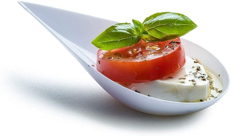 DLux 100 4-in Tear Drop Mini Appetizer Plates, Reusable White Plastic Spoons - Desserts and Appetizers Dishes Serving Plate - Asian Spoon Set, Small Catering Dessert Tasting Cups - with Recipe Ebook - Image 1