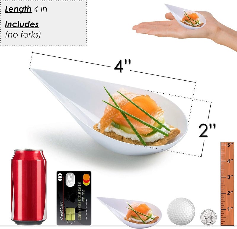 DLux 100 4-in Tear Drop Mini Appetizer Plates, Reusable White Plastic Spoons - Desserts and Appetizers Dishes Serving Plate - Asian Spoon Set, Small Catering Dessert Tasting Cups - with Recipe Ebook - Image 3