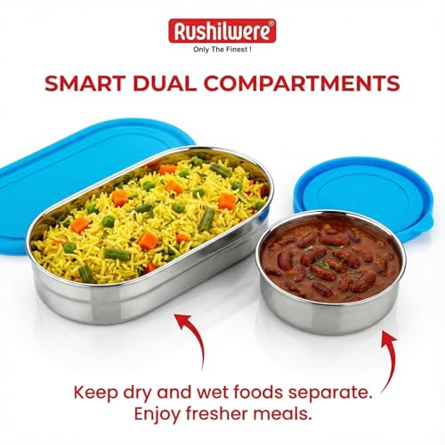 RUSHIL WERE Oval Lunch Box Steel for Office & School Use | Leak Proof | Easy to Clean | with Side Locks | Stainless Steel l Durable | Easy to Carry | 925 ml | Blue - Image 3