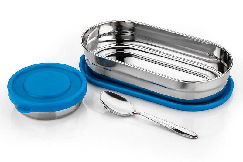 RUSHIL WERE Oval Lunch Box Steel for Office & School Use | Leak Proof | Easy to Clean | with Side Locks | Stainless Steel l Durable | Easy to Carry | 925 ml | Blue - Image 1