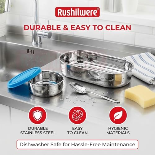RUSHIL WERE Oval Lunch Box Steel for Office & School Use | Leak Proof | Easy to Clean | with Side Locks | Stainless Steel l Durable | Easy to Carry | 925 ml | Blue - Image 2